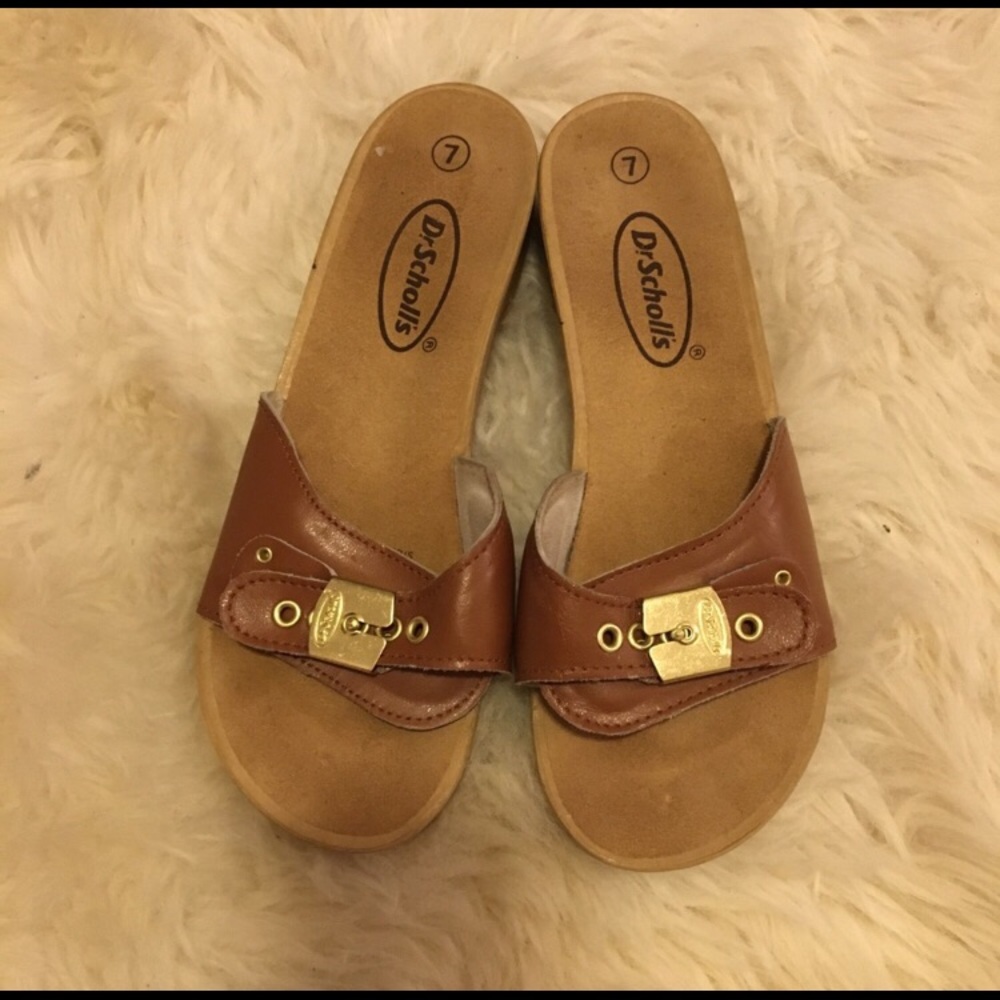 Vintage Dr Scholls Brown Leather Wooden Slide Mule